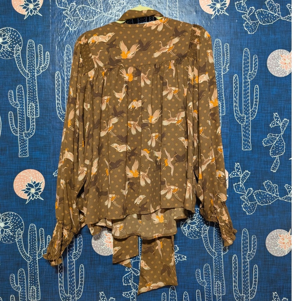 Happy x Nature by Kate Hudson Bird Print Swing Victorian Blouse Brown Large - Picture 7 of 11